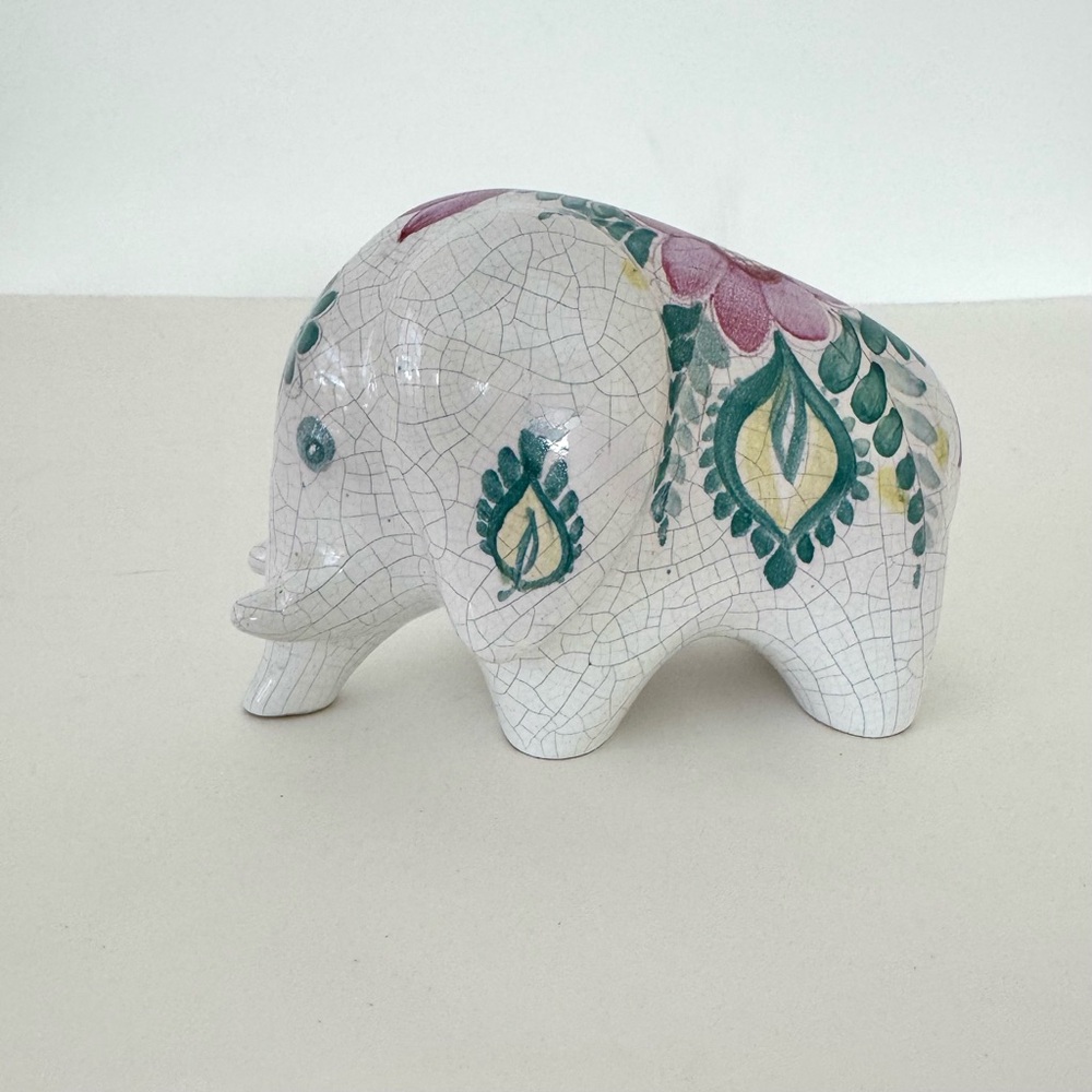 Arabia Taisto Kaasinen Floral Ceramic Elephant Figurine - White and Green